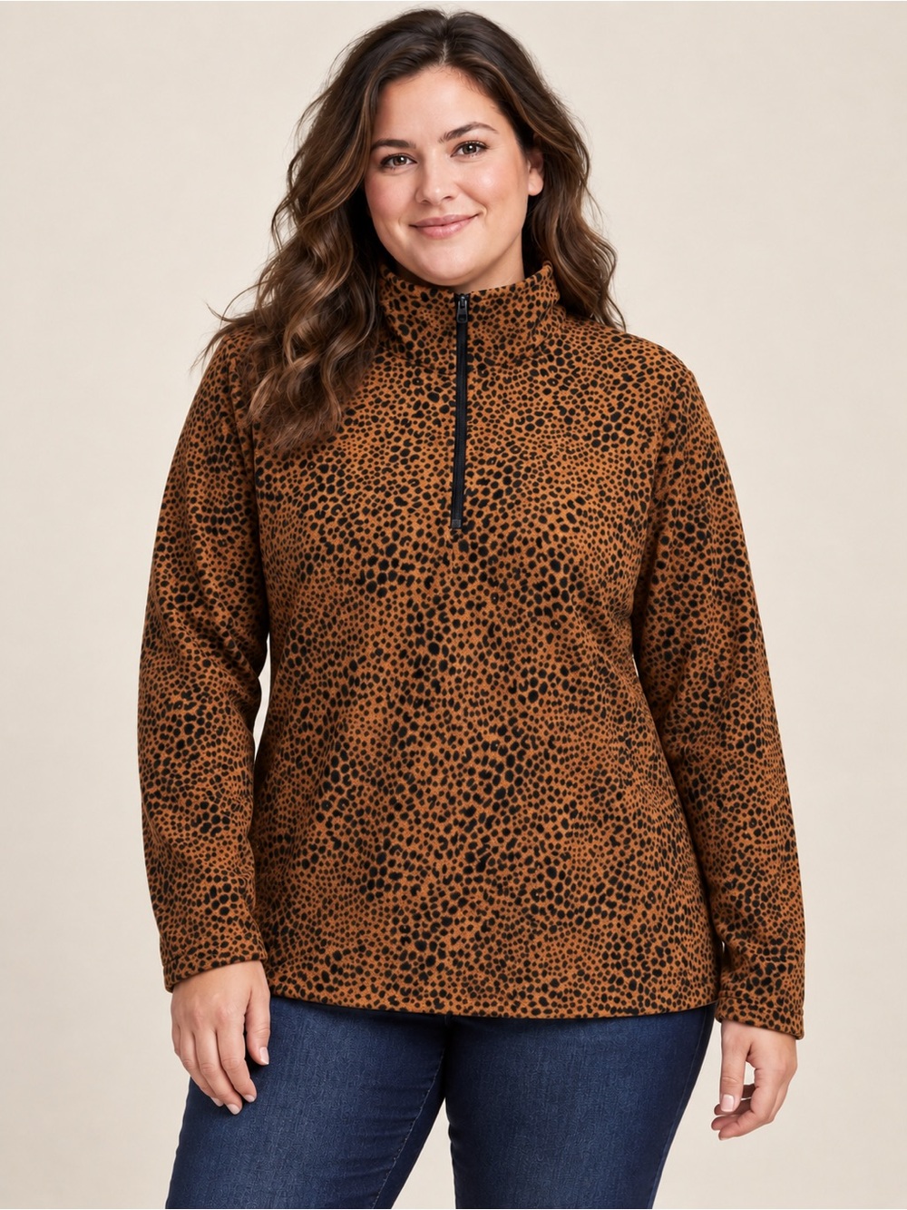 Lands' End Leopard Print Quarter-Zip Fleece Pullover Large